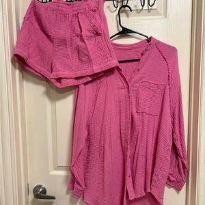 Aerie Pink Women's Button-Up Shirt and Shorts Set